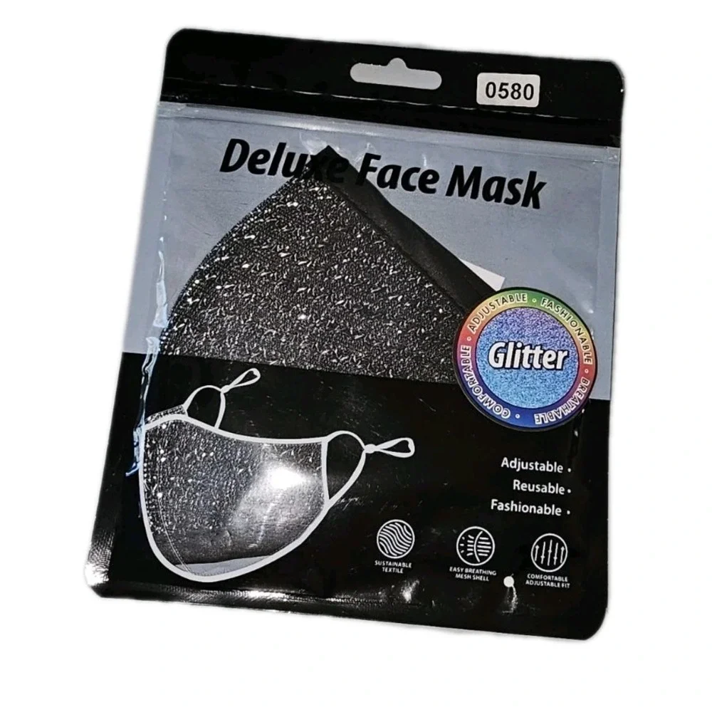 Deluxe Glitter Face Mask Silver Mesh Breathable Adjustable Reusable Mask  #580